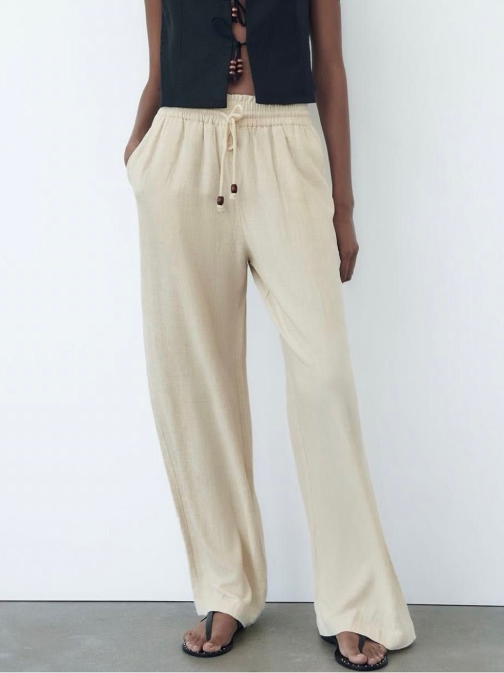 Zara cotton Light Cream Drawstring Wide-Leg Pants size XS